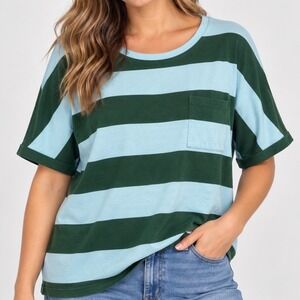 T by Talbots Medium Green Blue Striped Oversized Boxy Top Cotton Modal Pocket